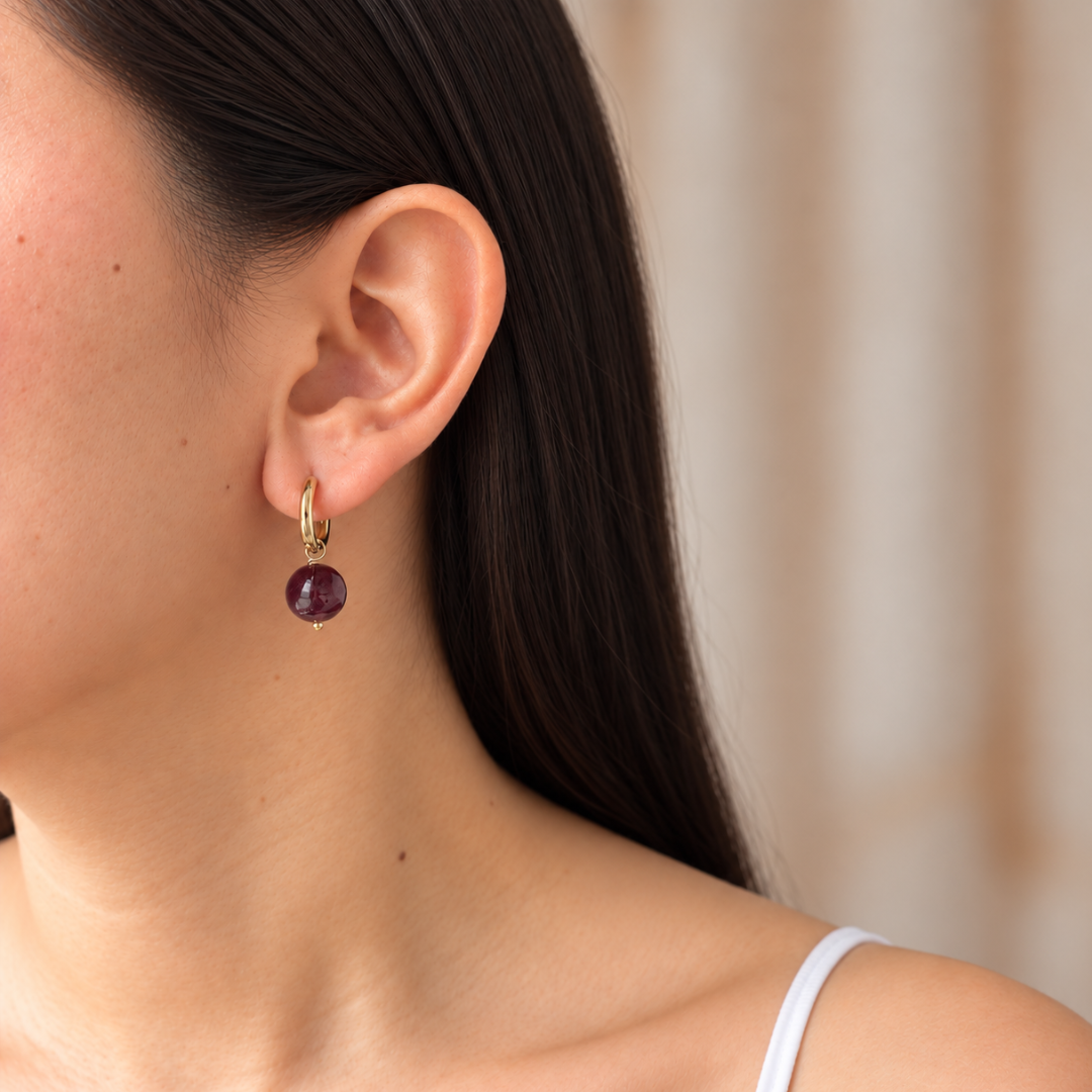 Gold Garnet Drop Hoops