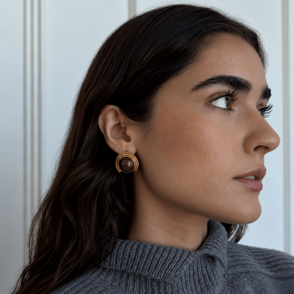 Gold Cognac Tiered Studs - ARETES - Malandra Jewelry - EUWA738-JDE0302010-BR