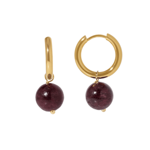 Gold Garnet Drop Hoops - ARETES - Malandra Jewelry - TA2742