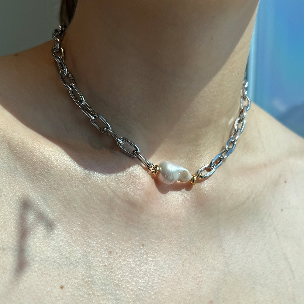 SILVER LINKS PEARL NECKLACE - COLLARES - Malandra Jewelry - TC1716