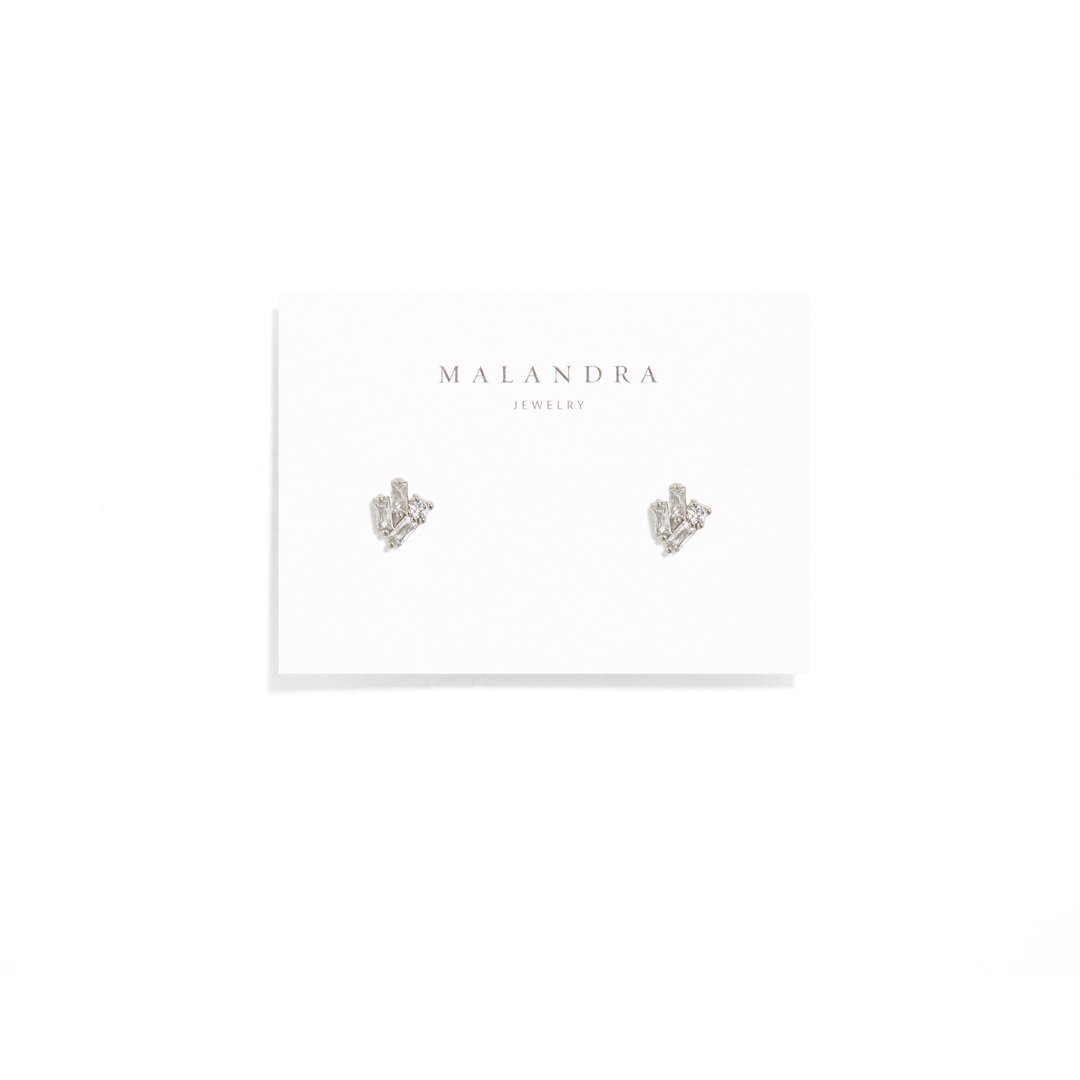 ASYMMETRIC EMERALD SILVER STUDS - ARETES - Malandra Jewelry - AA1301.P-M28212