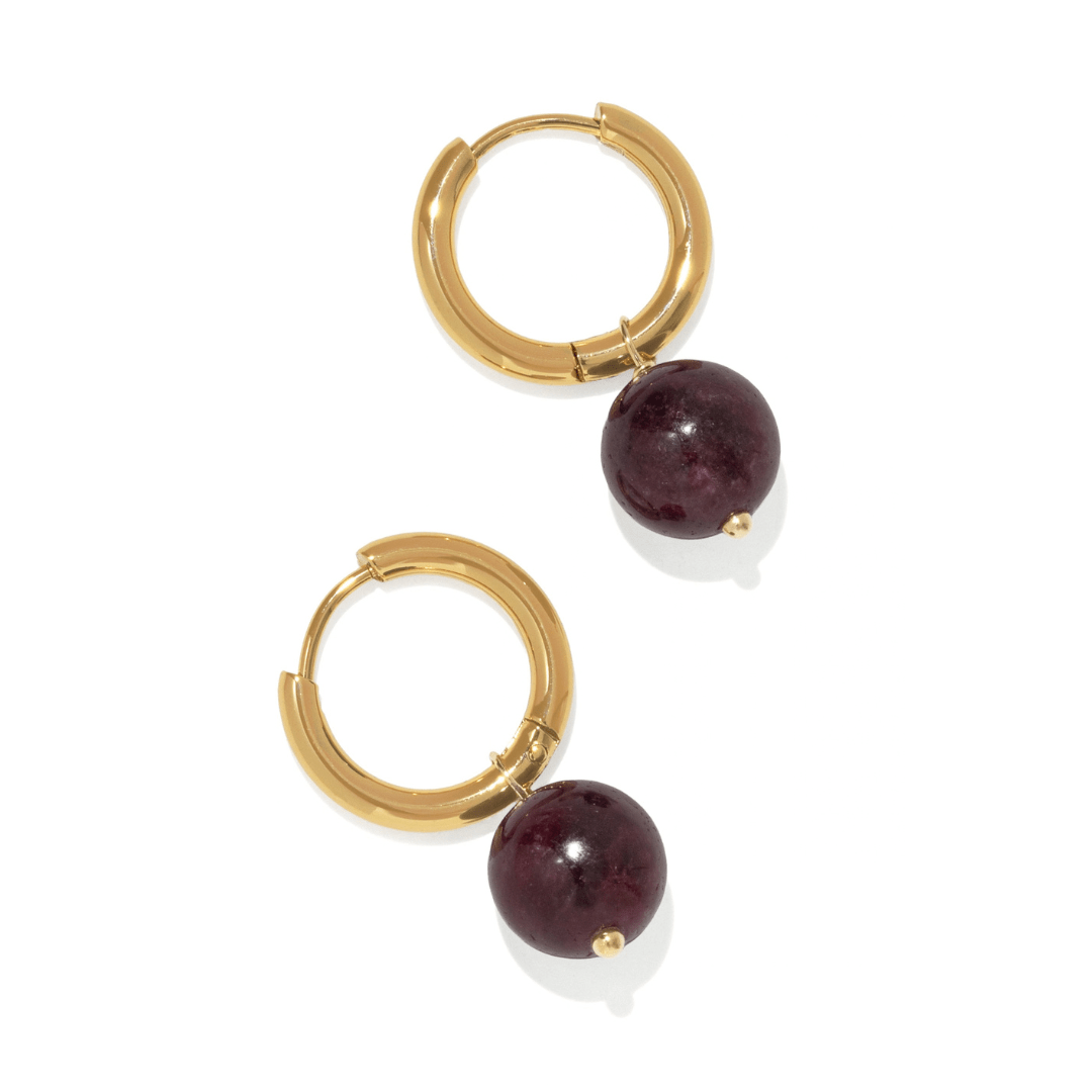 Gold Garnet Drop Hoops - ARETES - Malandra Jewelry - TA2742