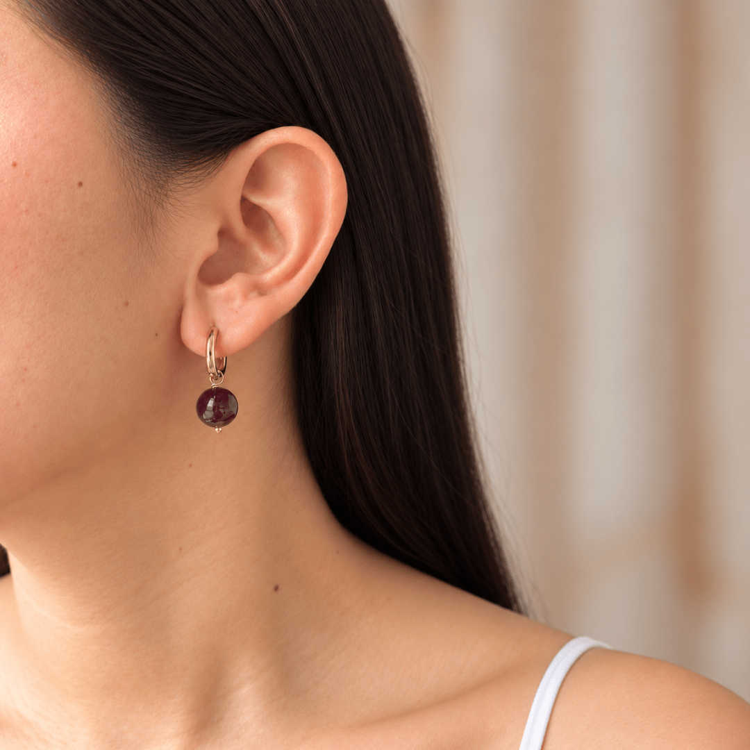 Gold Garnet Drop Hoops - ARETES - Malandra Jewelry - TA2742