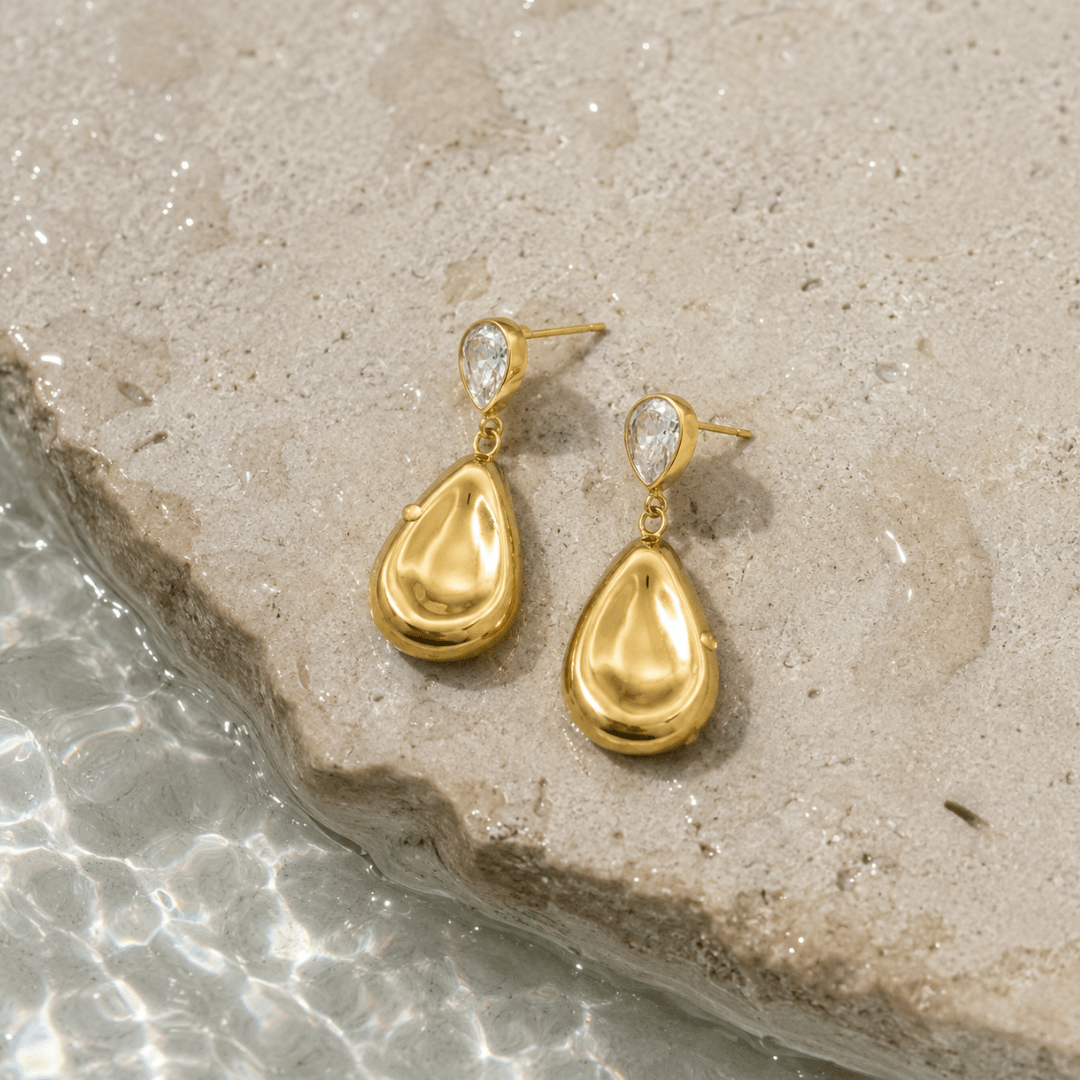Gold Lustrous Drop Earrings - ARETES - Malandra Jewelry - EUWA599-JDE0104321