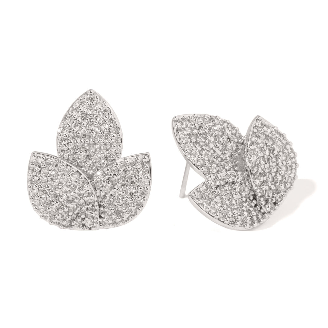 SILVER PAVÉ LEAF EARRINGS - ARETES - Malandra Jewelry - EZAA65.P
