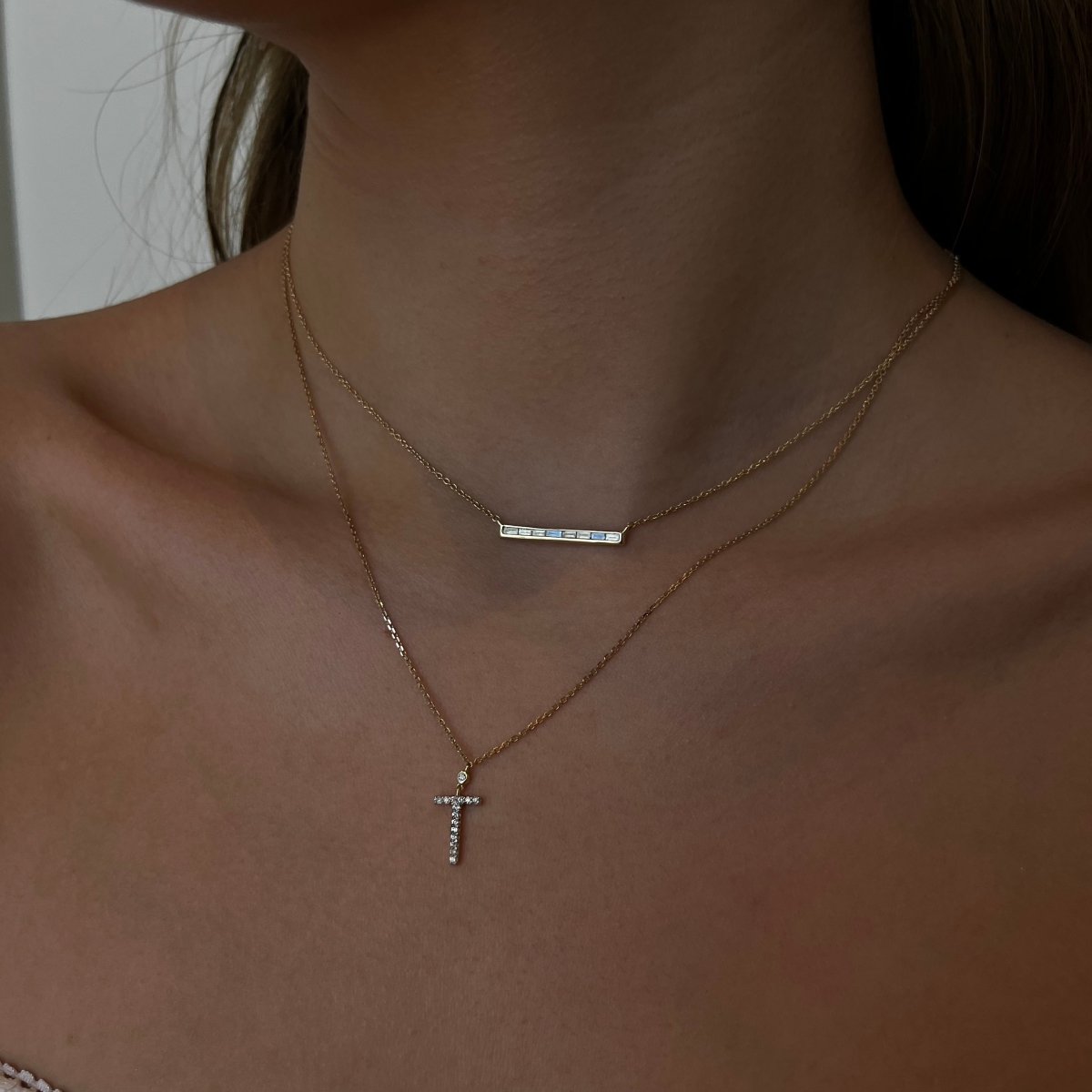 BAGUETE BAR GOLD & DIAMOND NECKLACE - COLLARES - Malandra Jewelry - SNC3